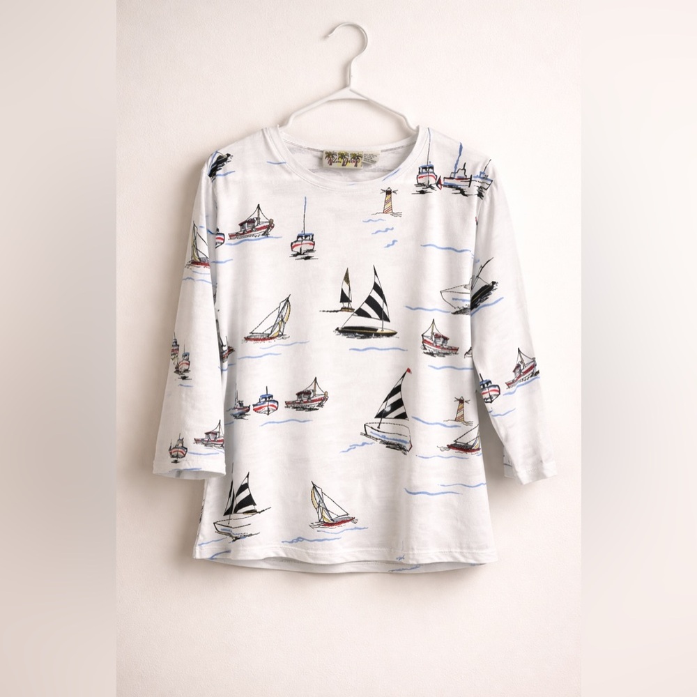 Palm Grove Nautical Print Top | Coastal Grandma woman’s XLarge petite nautical